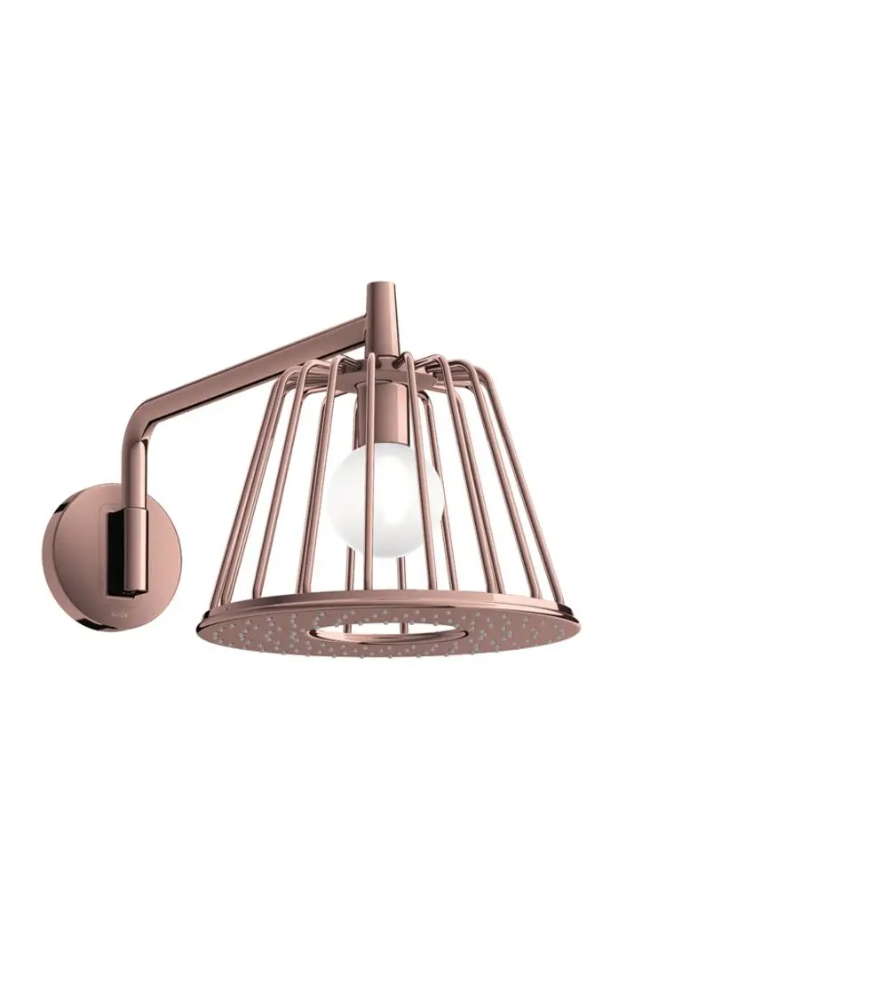 Wandlampe in roségoldener Optik mit einem schlichten Lampenschirm und einer Glühbirne, montiert auf einer runden Wandhalterung, von der Marke AXOR.